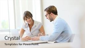  Presentation with laptop - Slide deck with anual meeting - colleagues working in modern office background and a soft green colored foreground