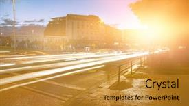 Presentation with city street - Presentation theme consisting of blurry animated flare against light background and a gold colored foreground