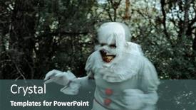  Presentation with white pom pom pom pom - Presentation design with blurry-creepy-evil-clown background and a ocean colored foreground