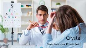  Presentation with black eye doctor - Slide set having blurry vision - doctor with patient at eye background and a  colored foreground