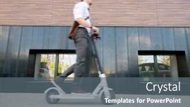  Presentation with moving business - Beautiful presentation design featuring blurry-young-businessman-on-scooter backdrop and a gray colored foreground
