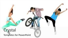  Presentation with cartoon black white people - Presentation design featuring bmx bike - jumping people isolated on white background and a white colored foreground
