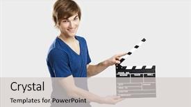  Presentation with clapboard - Beautiful PPT layouts featuring board directors - casual young man holding backdrop and a light gray colored foreground