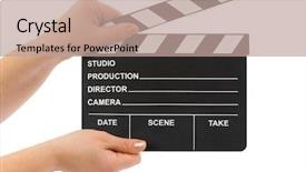  Presentation with clapboard - Theme having board directors - hands with cinema clapboard isolated background and a coral colored foreground