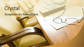  Presentation with directors - PPT theme with board directors - image of table with laptop background and a blonde colored foreground