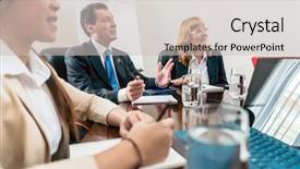  Presentation with managers - Presentation theme having board directors - male and female senior managers background and a light gray colored foreground