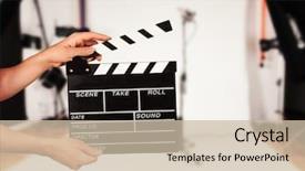  Presentation with clapper - Presentation theme featuring board directors - man hands holding film clapper background and a soft green colored foreground