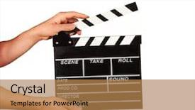  Presentation with clapper - Presentation theme featuring board directors - man hands holding film clapper background and a coral colored foreground