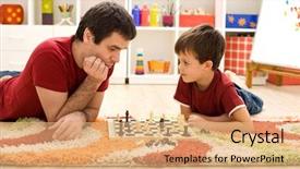  Presentation with kids playing - Presentation theme having board game - man teaching boy the rules background and a coral colored foreground