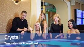  Presentation with hero man and women - PPT theme enhanced with board games night - four beautiful women and man background and a ocean colored foreground