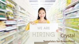  Presentation with hiring - PPT theme featuring young asian woman hand holding background and a soft green colored foreground