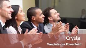  Presentation with focus group - Presentation theme enhanced with board meeting - multi ethnic business group greets background and a red colored foreground