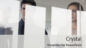  Presentation with five business people standing together and smiling - Slide set enhanced with board meeting - three business people standing background and a light gray colored foreground