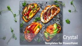  Presentation with food festival - Colorful slide deck enhanced with fish festival - set of assorted bruschetta backdrop and a gray colored foreground