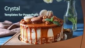  Presentation with wooden board empty table top - PPT theme with board with delicious caramel cake background and a ocean colored foreground