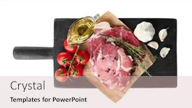  Presentation with steaks - Theme having board with fresh raw steaks thyme and vegetables isolated on white background and a lemonade colored foreground