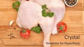  Presentation with chicken - Presentation enhanced with board with raw chicken thighs background and a coral colored foreground