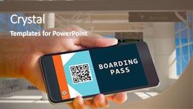  Presentation with airport terminal - Theme with boarding pass - hand holding smartphone against airport background and a violet colored foreground