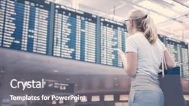  Presentation with airport timetable - Cool new PPT theme with boarding pass - young blonde woman with phone backdrop and a gray colored foreground