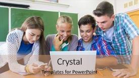  Presentation with classroom - Slide set consisting of boarding school - group of young students studying background and a coral colored foreground