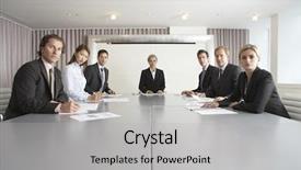  Presentation with conference table - Presentation theme featuring boardroom meeting - group of multiethnic business people background and a light gray colored foreground