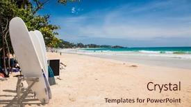  Presentation with sri lanka - Amazing PPT theme having boards on wonderful sand beach backdrop and a  colored foreground