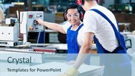  Presentation with welder worker welding and cutting - Presentation theme with boards putting them in saw background and a light blue colored foreground