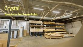  Presentation with furniture industry - PPT theme enhanced with boards storing at factory warehouse background and a tawny brown colored foreground