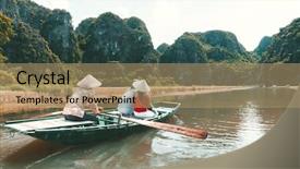  Presentation with boat river - Amazing PPT theme having boat along the ngo backdrop and a coral colored foreground