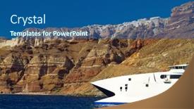  Presentation with santorini - Presentation theme having boat at high volcanic cliff of santorini island in greece background and a ocean colored foreground