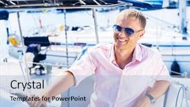  Presentation with luxury yacht - Slide set having boat captain - young and handsome man background and a light blue colored foreground