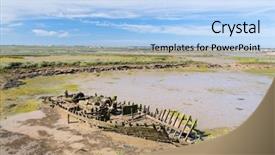 Presentation with wooden boat at sea edge - Colorful presentation design enhanced with boat carcass in bird sanctuary backdrop and a light blue colored foreground