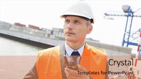  Presentation with walkie talkie - Amazing presentation theme having boat dock - middle-aged man using walkie-talkie backdrop and a coral colored foreground