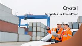  Presentation with cargo - Presentation featuring boat dock - workers examining cargo in shipping background and a white colored foreground