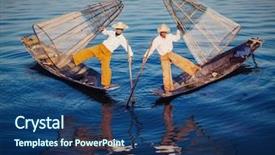  Presentation with fishing nets - Presentation design having boat faded - myanmar traditional burmese fishermen balancing background and a ocean colored foreground