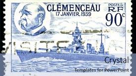  Presentation with battleship - PPT layouts with boat faded - vintage french stamp depicting background and a light blue colored foreground
