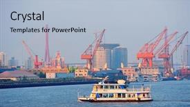  Presentation with boat river - Audience pleasing PPT layouts consisting of boat in huangpu river with shanghai urban architecture and cargo crane backdrop and a light blue colored foreground