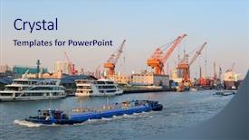  Presentation with cargo - PPT theme consisting of boat in huangpu river with shanghai urban architecture and cargo crane background and a light blue colored foreground