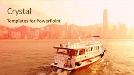  Presentation with hong kong city day - Slide deck with boat in victoria harbor in hong kong with city skyline in the day in red tone background and a lemonade colored foreground