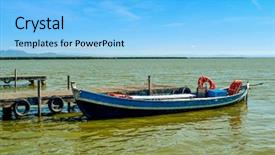 Presentation with dock - Cool new PPT layouts with boat moored in a wooden dock at the lagoon in the albufera de valencia in valencia spain backdrop and a light blue colored foreground