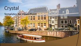  Presentation with canal - Presentation consisting of boat on canal in amsterdam background and a light blue colored foreground
