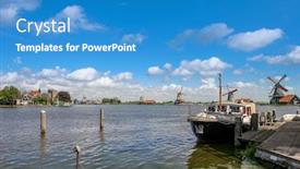  Presentation with boat river - Audience pleasing presentation design consisting of boat on the river and windmills on background under beautiful blue sky with white clouds in zaanse schans - famous dutch village backdrop and a teal colored foreground