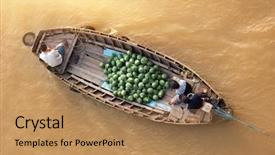 Presentation with mekong delta - Amazing PPT theme having boat on traditional floating market backdrop and a coral colored foreground