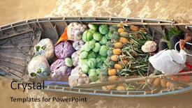  Presentation with mekong delta - Audience pleasing PPT theme consisting of boat on traditional floating market backdrop and a coral colored foreground