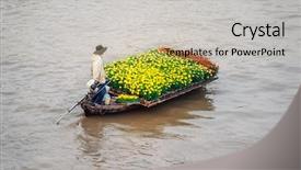  Presentation with mekong delta - PPT theme enhanced with boat on traditional floating market background and a mint green colored foreground