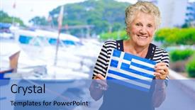  Presentation with culture heritage greece - Slide deck enhanced with boat patriot - happy senior woman holding greece background and a  colored foreground