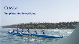  Presentation with team - Audience pleasing PPT theme consisting of boat patriot - multiethnic outrigger canoeing team heading backdrop and a sky blue colored foreground