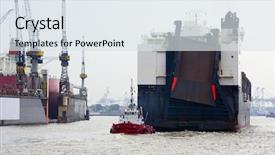  Presentation with hamburg - Slide deck with boat vessel - red tugboat behind combined container background and a sky blue colored foreground