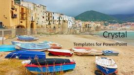  Presentation with motor boat in the sea - Presentation design featuring boats and old colorful houses background and a coral colored foreground