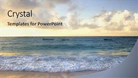  Presentation with sun blue sky and ocean - Beautiful presentation theme featuring boats bobbing in the ocean backdrop and a lemonade colored foreground